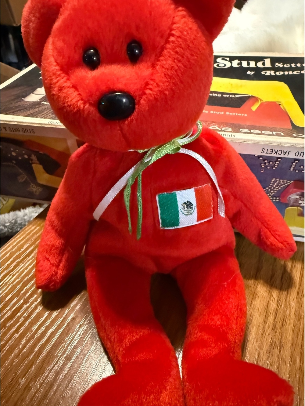 Red Plush Bear with Mexican Flag Patch and Ribbon